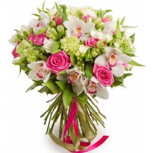Сборный букет орхидеи и розы с лентами R124